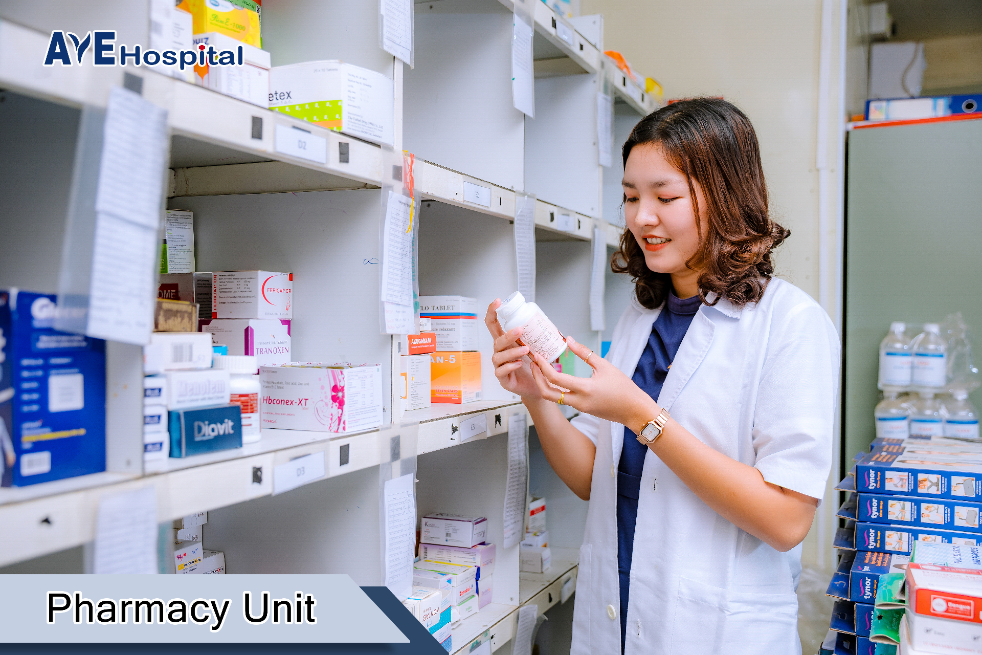 Aye Hospital pharmacy unit shelves